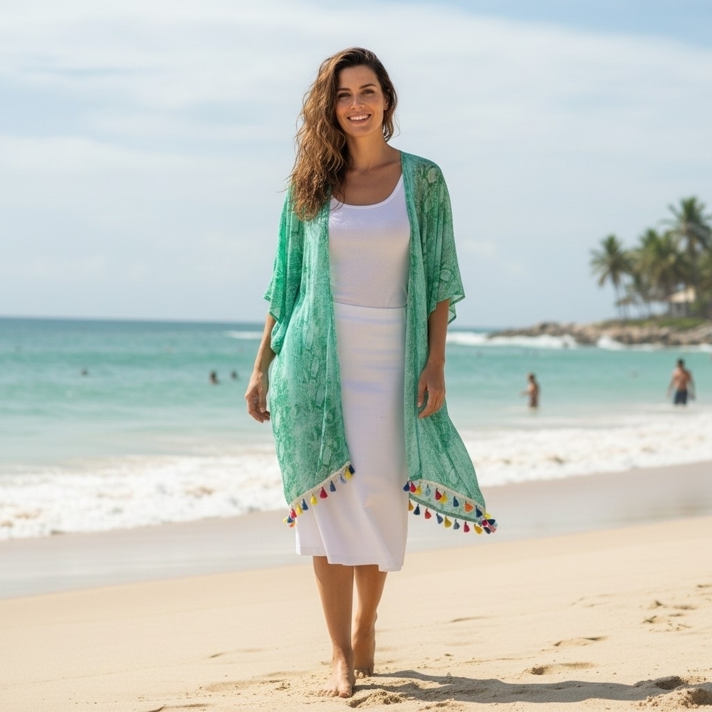 Anthropologie Judith March Kimono Coverup With Lace And Tassel Trim